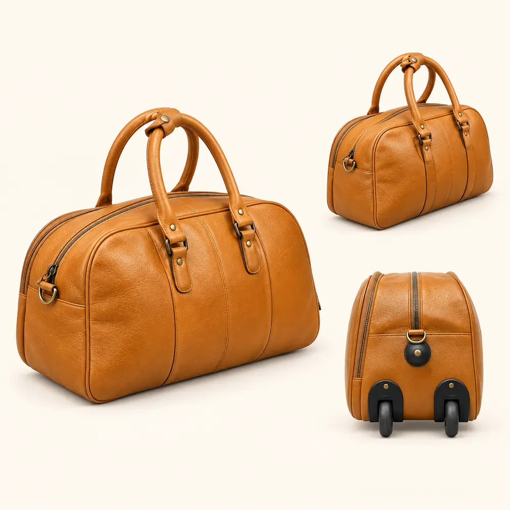 leather tan duffel bag – ua 156 multi angle Leather Tan Duffel Bag UA-156 shown from multiple angles