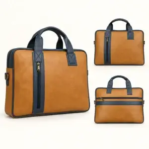Tan and Navy Heritage Executive Bag UA-6 shown from multiple angles