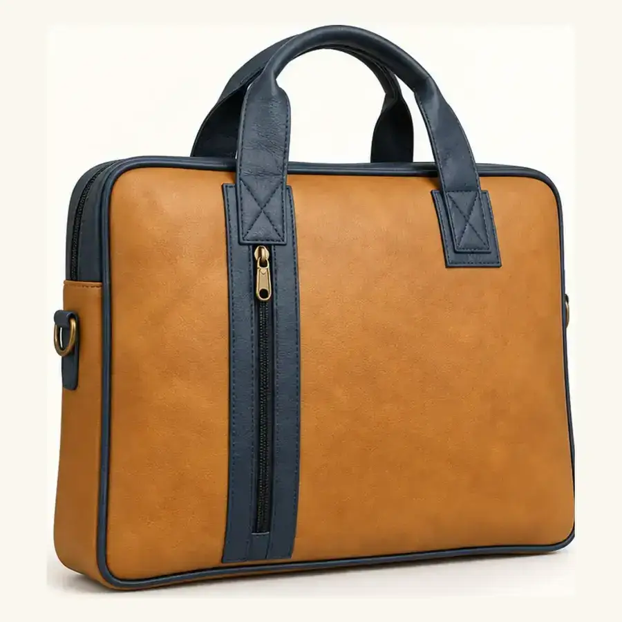 tan and navy heritage executive bag – ua 6 front three quarter Tan and Navy Heritage Executive Bag UA-6 front three-quarter view