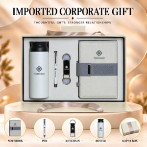 Ivory & Grey Ribbon Executive Gift Set 5-in-1 Notebook Pen Keychain Bottle Kappa Box UA-IG03