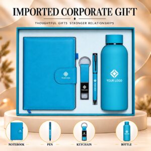 Azure Cyan Blue Corporate Gift Set 4-in-1 Notebook Pen Keychain Bottle Gift Box UA-IG04