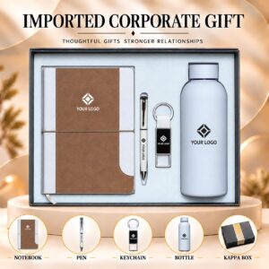 Caramel Tan & Pearl White Bottle Gift Set 5-in-1 Wavy Notebook Pen Keychain Bottle Kappa Box UA-IG13