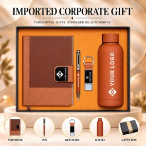 Rustic Amber Orange Ribbed Gift Set 5-in-1 Ribbed Notebook Pen Keychain Bottle Kappa Box UA-IG20
